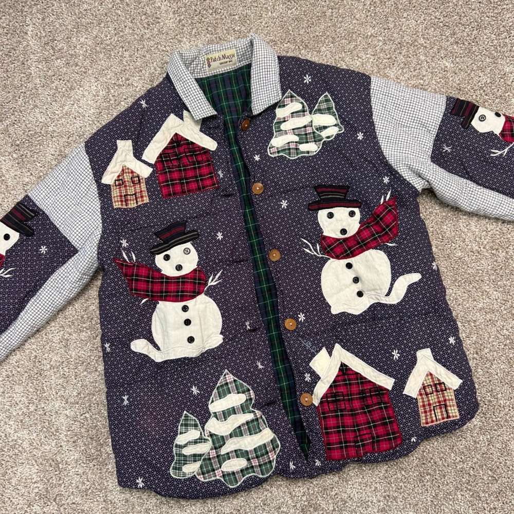 Vintage Patch Magic‎ Reversible Jacket Christmas Snowman Women Medium Plaid